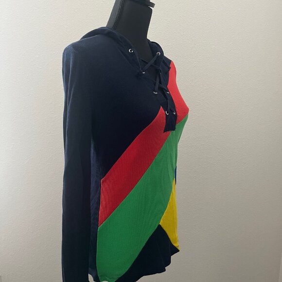 LRL LAUREN ACTIVE RALPH LAUREN THERMAL HOODED COLOR BLOCK TOP Women's Size Small - Picture 3 of 11